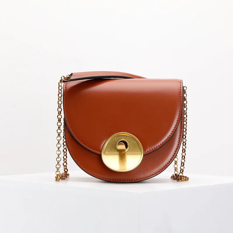 

Metal Large Round Buckle Saddle Bag Semicircle Genuine Leather Vintage Handbag