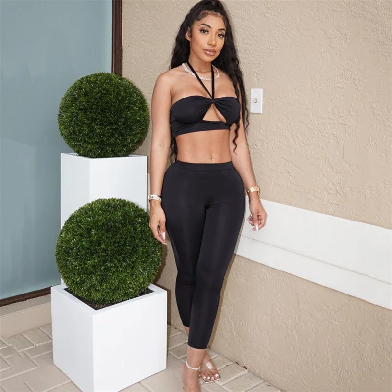 

Sports Ladies Solid Tight Two Piece Set Halter Chest Cutout Crop Top High Waist Pants Set