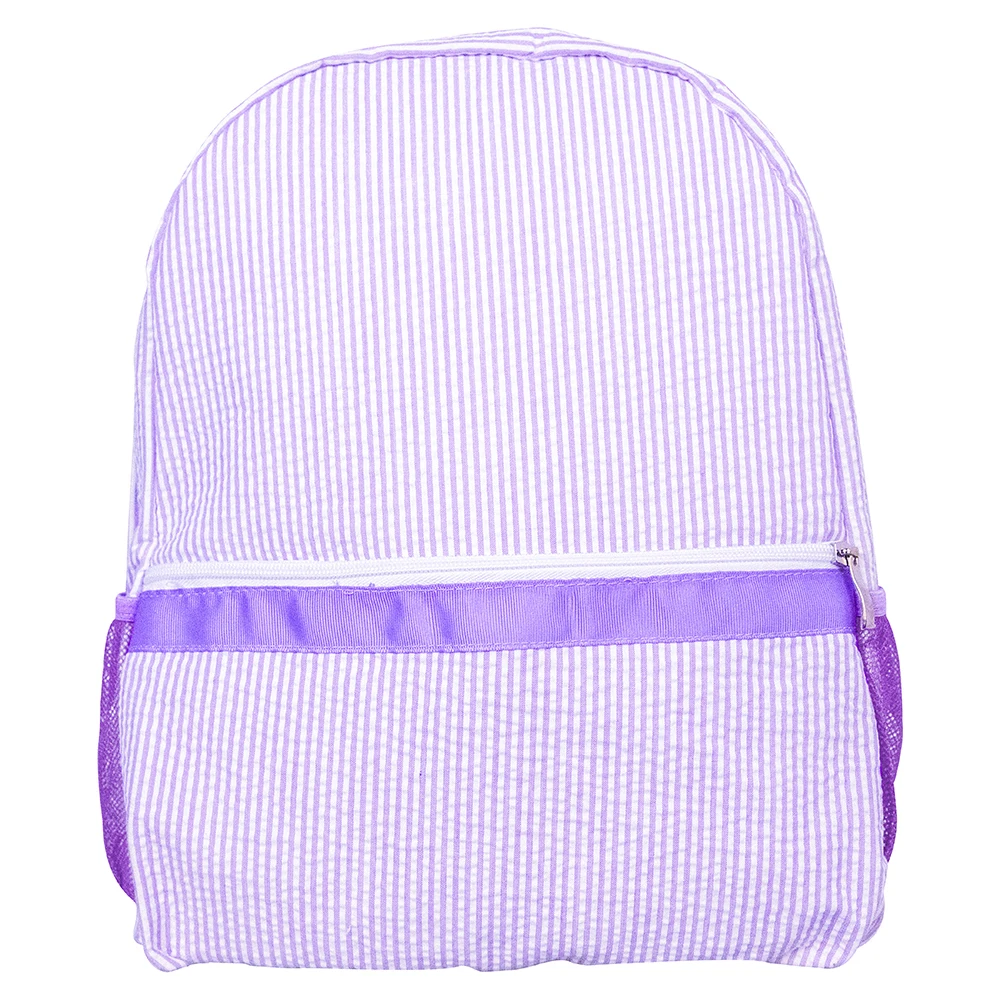 

11''*4.5''*15'' Seersucker Kids School Backpack Wholesale Seersucker Monogramed Lightweight Zipper with Pocket Book Bags, Navy, pink, mint, purple, baby blue