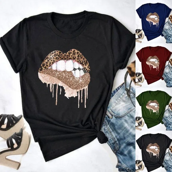 

2021 New Leopard T Shirt Fashion Lips T shirt for Women, As pictures