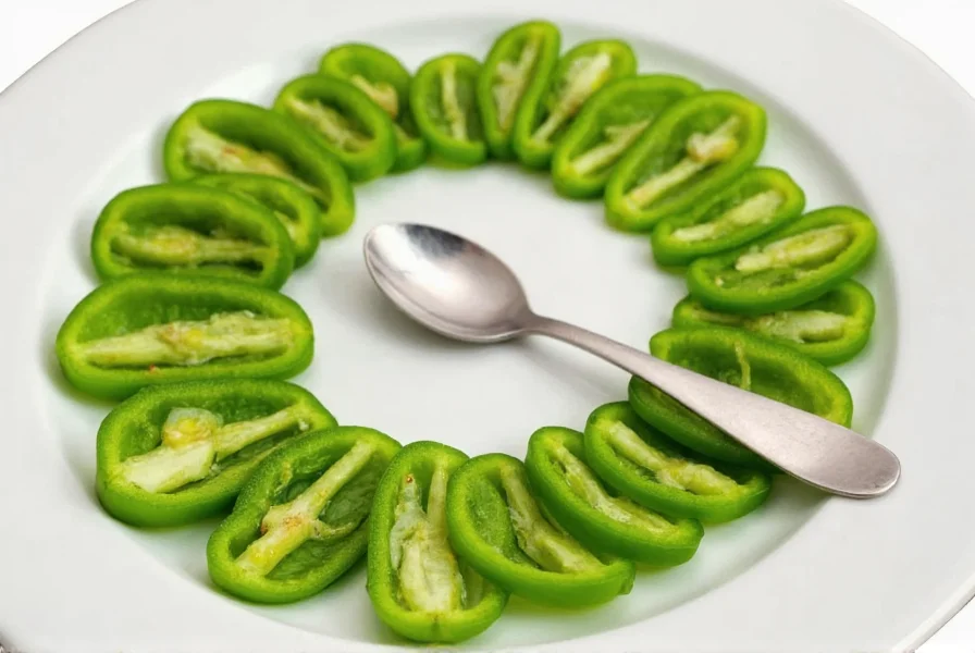 Close-up of mild banana pepper rings arranged in a circular pattern on white plate with measuring spoon showing size