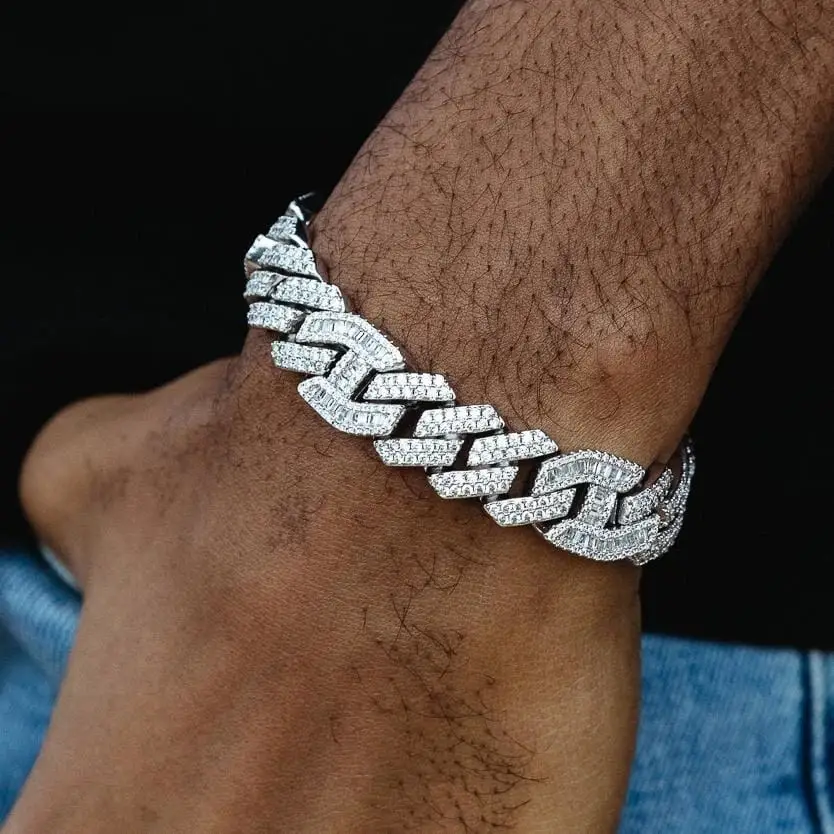 

IN STOCK wholesale hip hop ice diamond cuban link chain iced out men bracelet, Silver