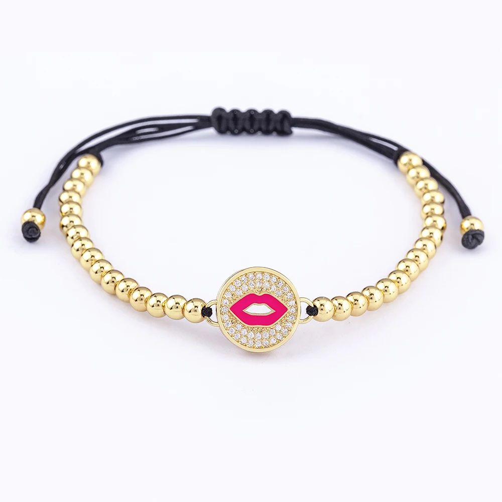 

High Quality Gold Plated Copper CZ Beads Bracelet Diamond Round Shape Enamel Color Lips Charm Bracelet Jewelry Gift Customized, Black/white/red/light blue/rose red