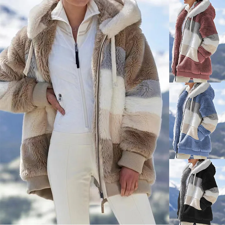 

In stock sales 2021 new woman clothes wholesale fashion apparel elegant winter loose plush multicolor hooded jacket women, Black,coffee