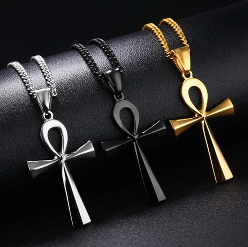 Hip Hop Christian Men Jewelry Kolye Classic Religious Gold Egyptian Ankh Crucifix Cross Pendant Necklace