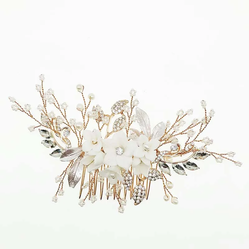

2019 Newest Handmade White Ceramic Flowers Wedding Hair Jewelry Accessories Bridal Gold Leaf Flower Hairband Hair Combs For Wome, Rose gold, gold, silver