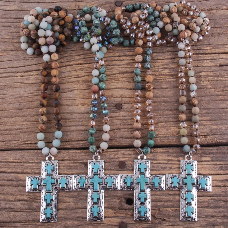 

Fashion 8mm Natural Stone Amazonite Crystal Glass Beads Necklace Alloy Big Turquoise Cross Pendant Necklace