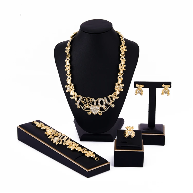 

2021Latest Style USA 14k Plated XOXO I Love You Bear Jewelry Sets Lovely and Hot Design Necklace Earrings Bangle Ring, Picture shows