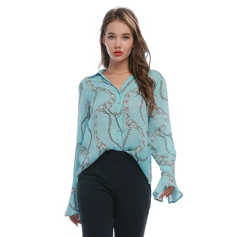 

Ladies Long Flare Sleeve Print Chiffon Blue Tops Women's Shirts And Blouses, Pic