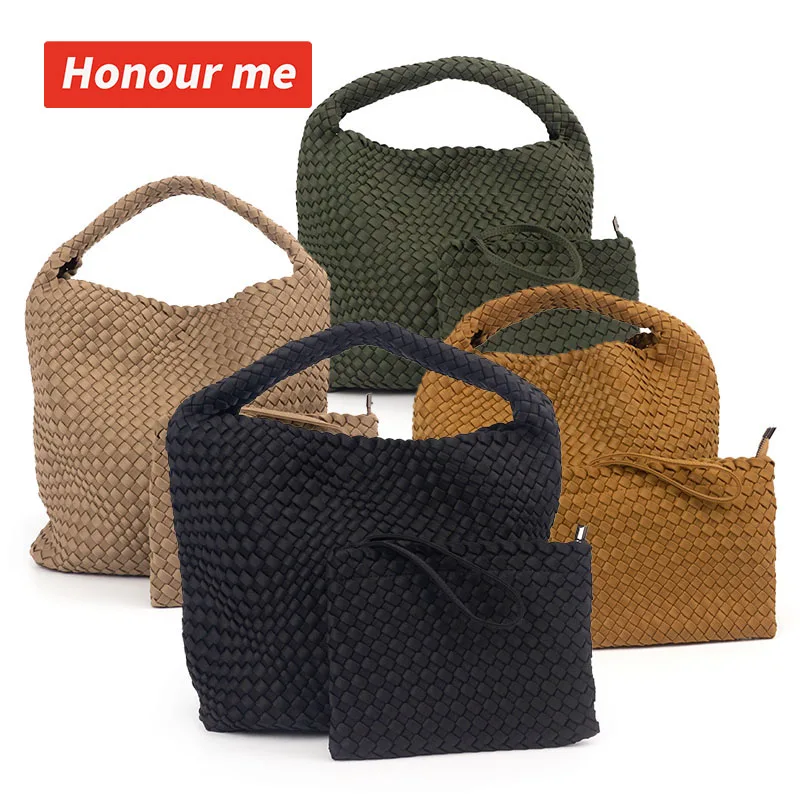 

2022 HONOUR ME Woven Neoprene Tote Bag Weave Shopping Travel Beach Bag Handmade Knitted Bag