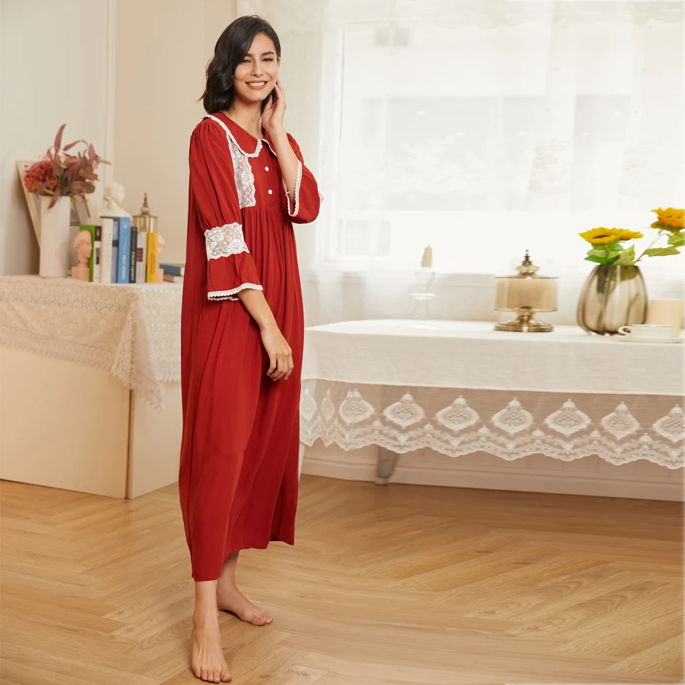 

Red color one piece pj house coat sleep dress women oversize pyjamas neglige fat lady female maternity nightgown pajamas set