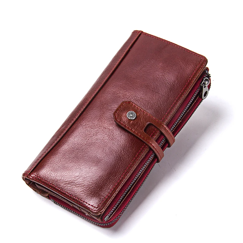 

Custom Logo Branded Women Cell Phone Wallet Unisex Genuine Leather Travel Zipper Clutch Wallet with Removable Cardholder, Brown