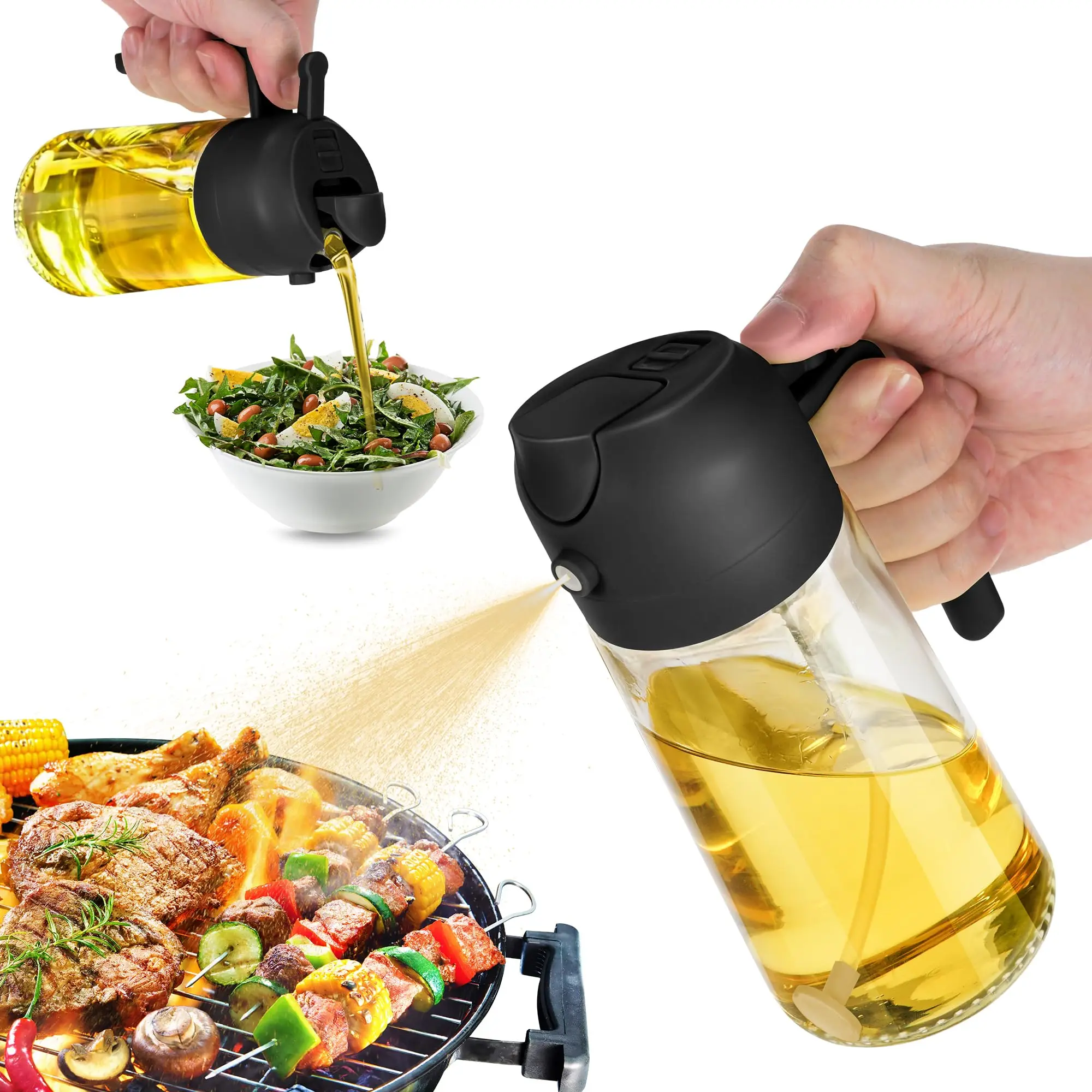 Mothers Day Gift Glass 2 in 1 Oil Sprayer & Olive Oil Dispenser Spice Container 16oz Kitchen Barbecue Salad