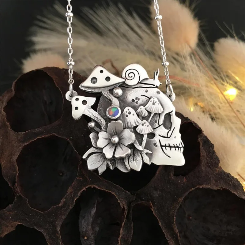 

Retro Stainless Steel Flower Skeleton Necklace Gothic Punk Pendant Halloween Party Jewelry