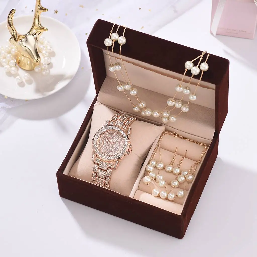 

Ladies Ice Out Diamond Quartz Watches Fashion Pearl Necklace Earring Bracelet Sets With Luxury Box For Women Gift