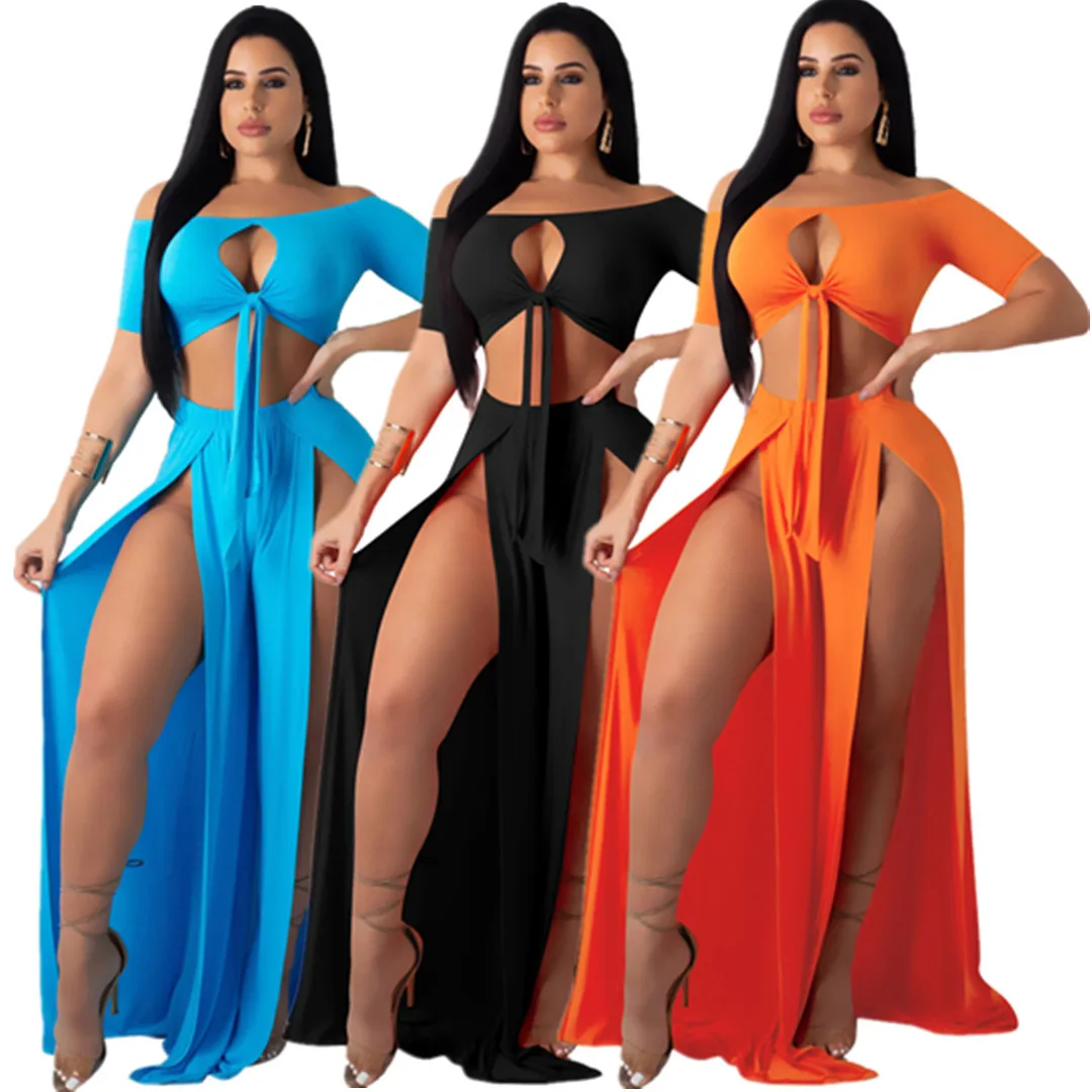 

Spring and summer women's solid color hollow split dress short sleeve off-shoulder suit, Three colors