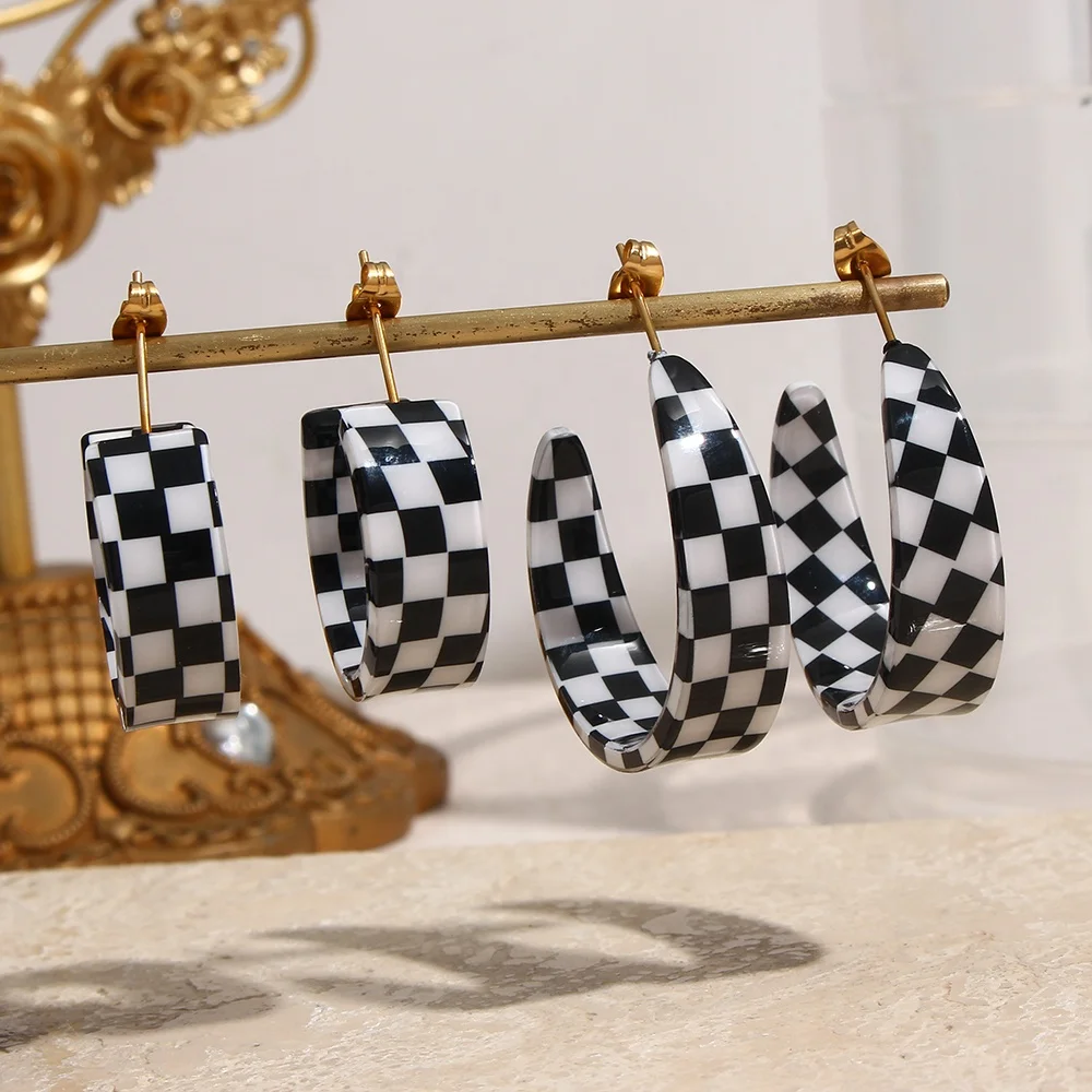 Enamel Black & White Checker Earrings Set For Women Jewelry Gold Plated Stainless Steel Hoop Earring