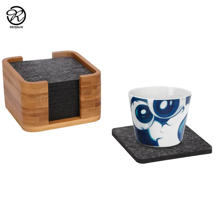 

Absorbent Customized Square Laser Cut Felt Drink Coasters Felt Cup Coasters Felt Coaster set with Bamboo Holder