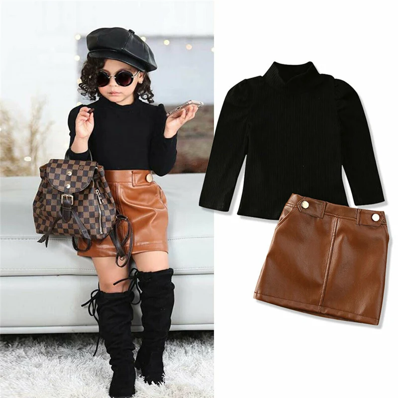 

New Spring New Arrival Girls Fashion Clothes Set 2 Pieces Suit Sweater Tops+pu Leather Skirt Kids Sets Girls Clothes 0-5 Years, As picture