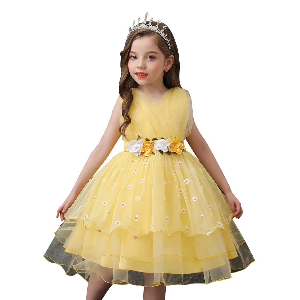 

Child yellow layered lovely girls birthday dresses for kids fluffy girls kids flower evening princess dress party wedding gown