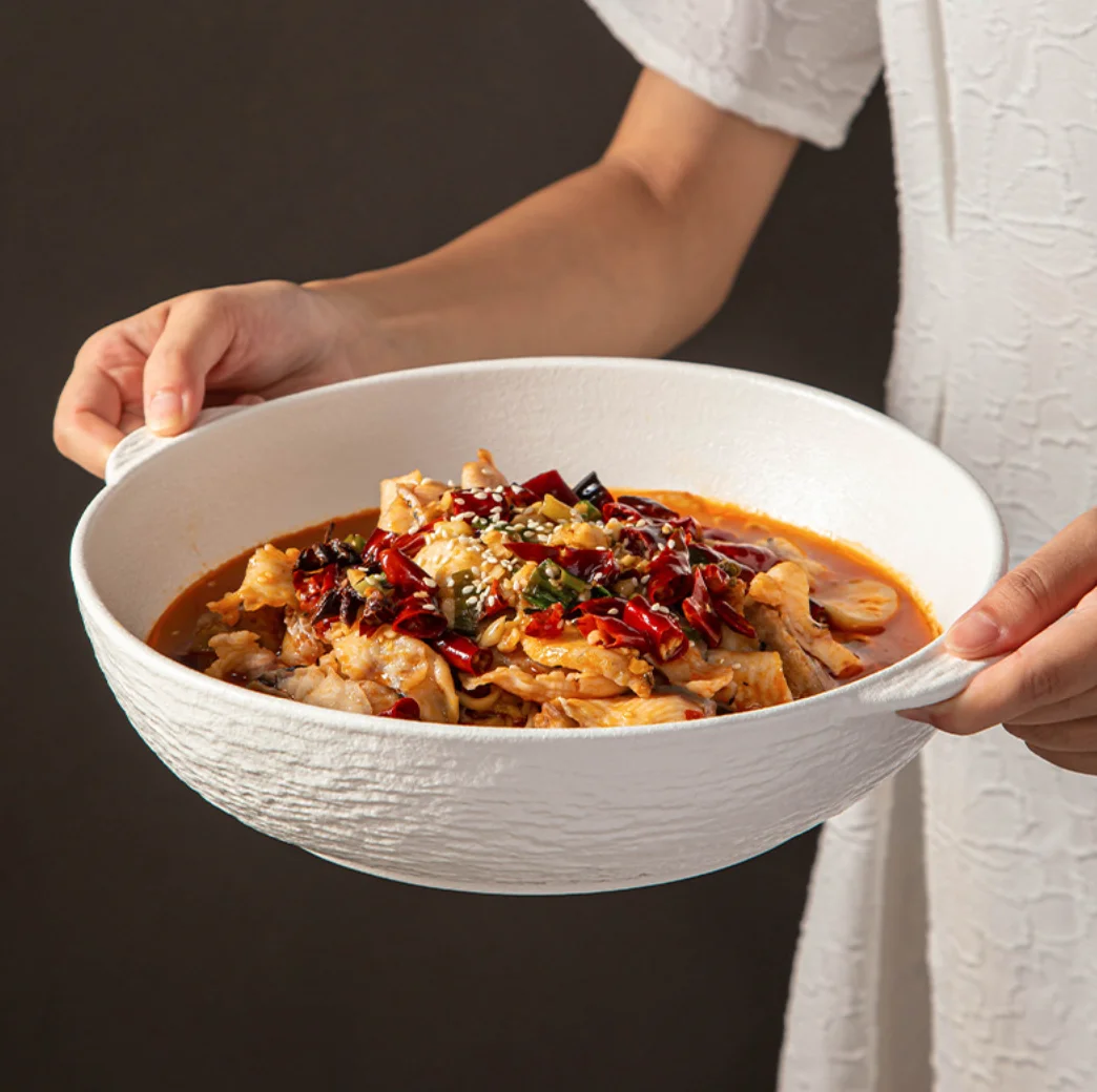 Simple Exquisite High-end Black White Glazed Ceramic Eco-Friendly Bowl Tableware Wholesale Double-eared Ramen Soup Bowl