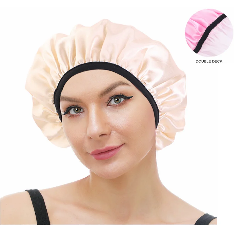 

Hot Double Layer Reusable Satin Hair Bath Cap Custom Logo Waterproof Daily Home Wear Elastic Band Eva Shower Cap