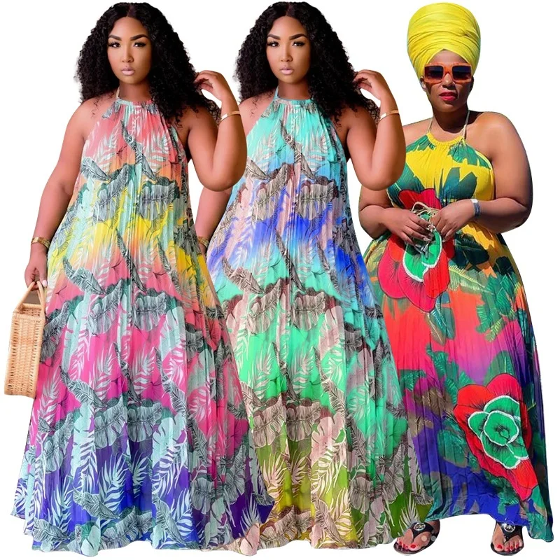 

2021 Plus Size Women Clothing Long Dresses Bohemian Print Summer Big Swing Skirt Womens Plus Size Africa Sun Dress, Picture