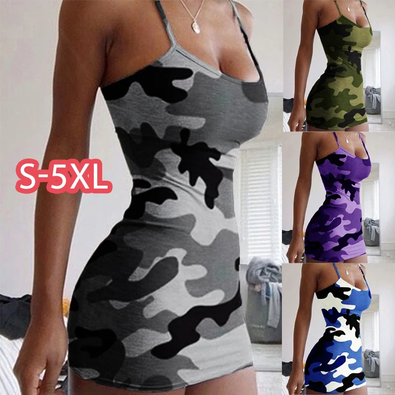 

New Camouflage Print Women Summer Sexy Sling Dress Plus Size 5XL Bodycon Casual Floral Slip Dress Wholesale, Pictures showed