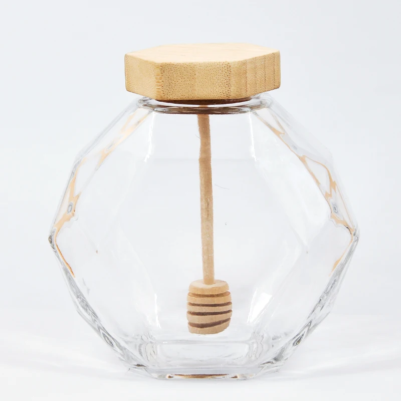 

wholesale clear custom logo 200ml 380ml 750ml hexagon honey glass storage jar with wooden lid and dipper, Transparent