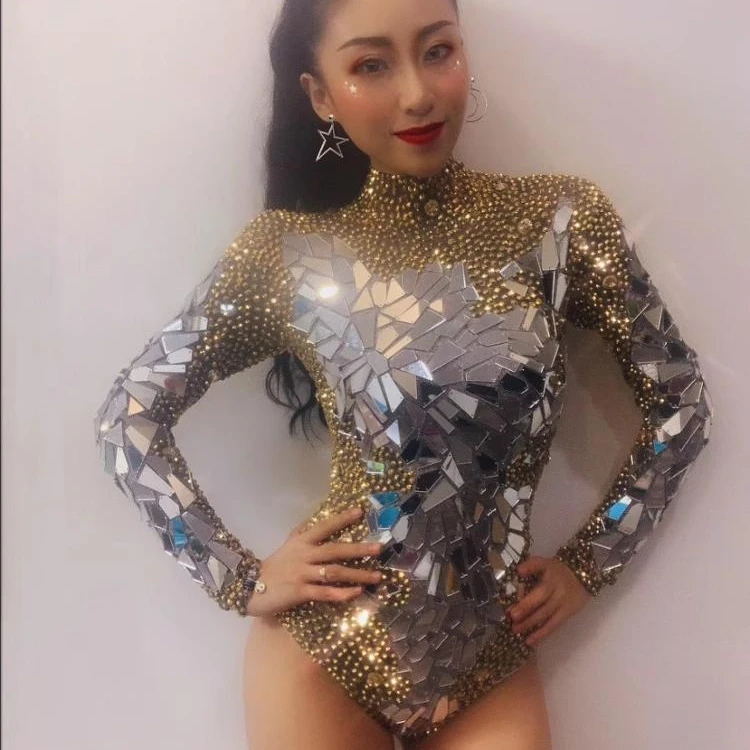 Women girl Sexy mirror bodysuit stage dance costume silver gold Leotard Club bar Performance clothing