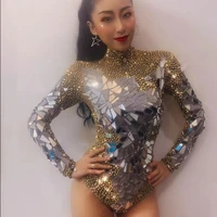 

Women girl Sexy mirror bodysuit stage dance costume silver gold Leotard Club bar Performance clothing