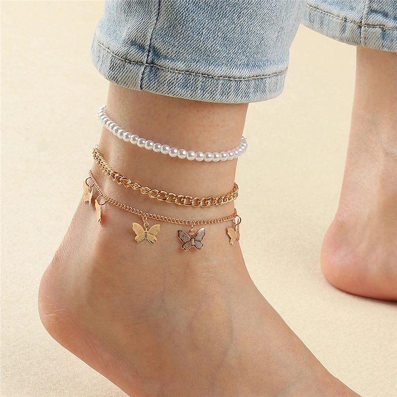 

New Arrivals Jewelry Three Layered Foot Chain Cuban Link Anklet Pearl Butterfly Ankle Bracelet For Women, Silver and gold color