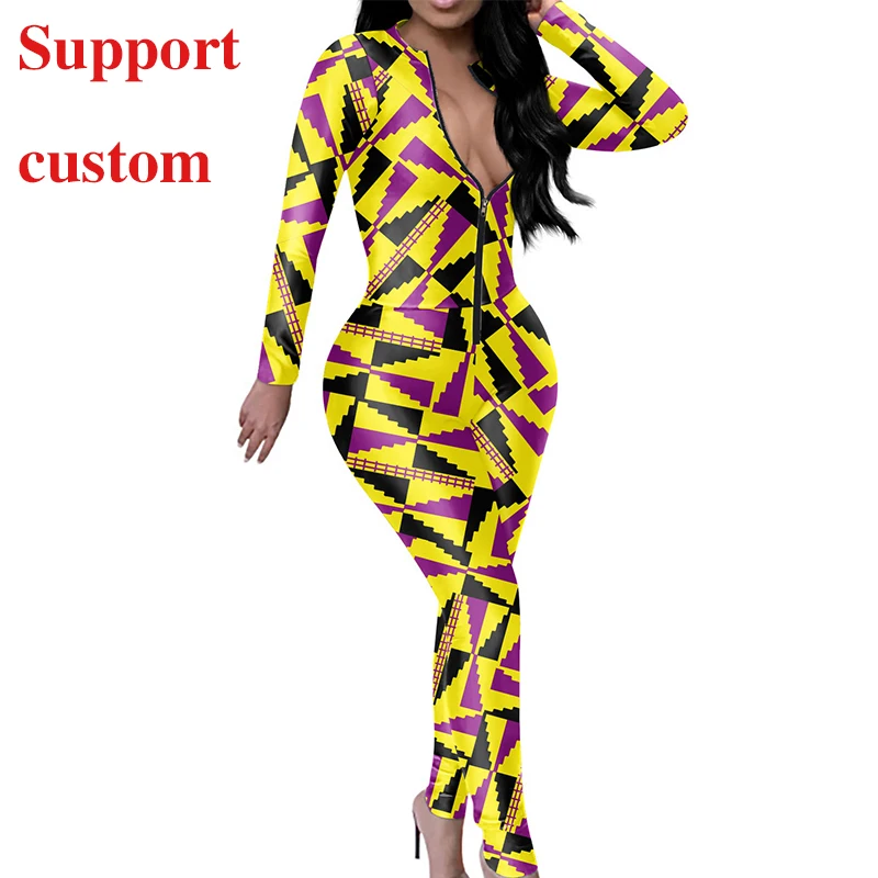 

Custom Women Jumpsuit One Piece Playsuit Romper African Tribal Geometry Pattern Long Sleeve Bodycon Sportswear, Picture color