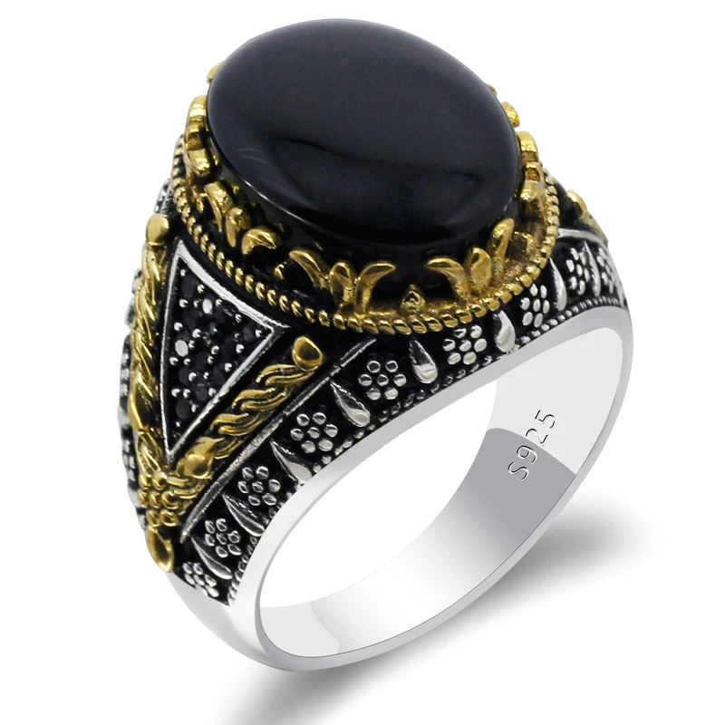 

925 Sterling Silver Turkish Male Ring with Natural Black Agate Stone Rings Golden Retro Design for Men Turkish Jewelry