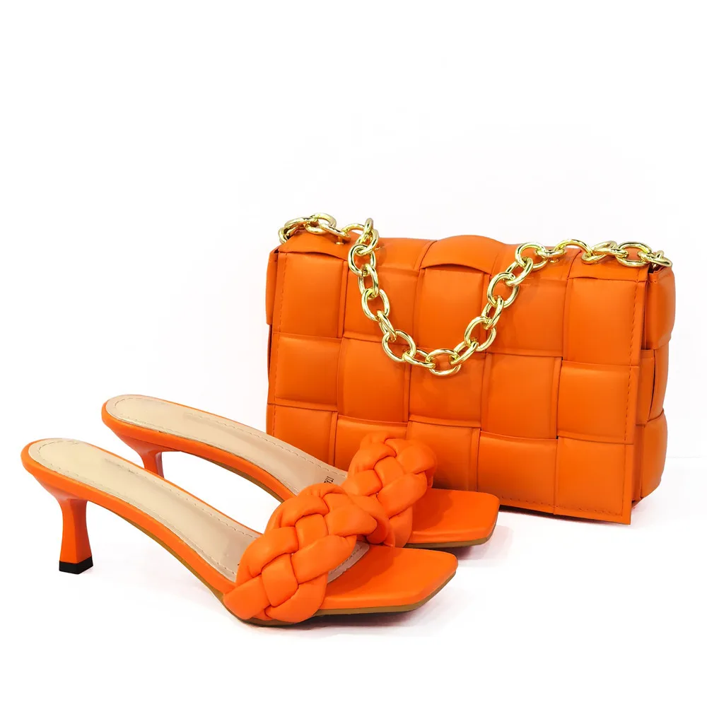 

2021 Orange Color Rhinestone Style Noble Italian Design Newest Women Hot Selling sandals matching bags set for Party Daily Life