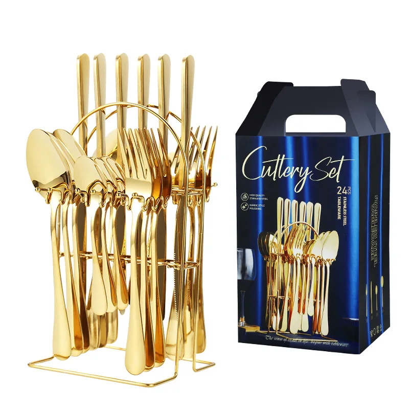 

Best Selling 24pcs Stainless Steel Knife Fork Spoon Set Gold Flatware Luxury Cutlery Set With Stand