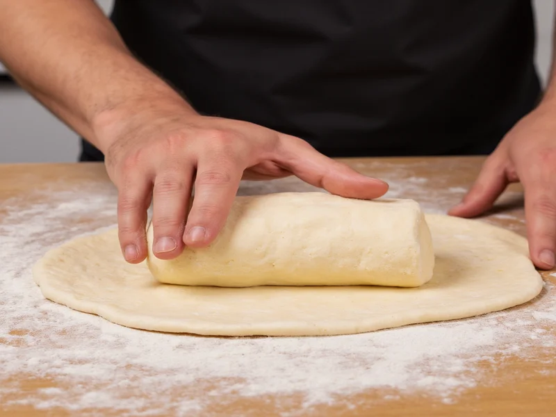 Hand rolling pizza dough for stromboli on floured surface