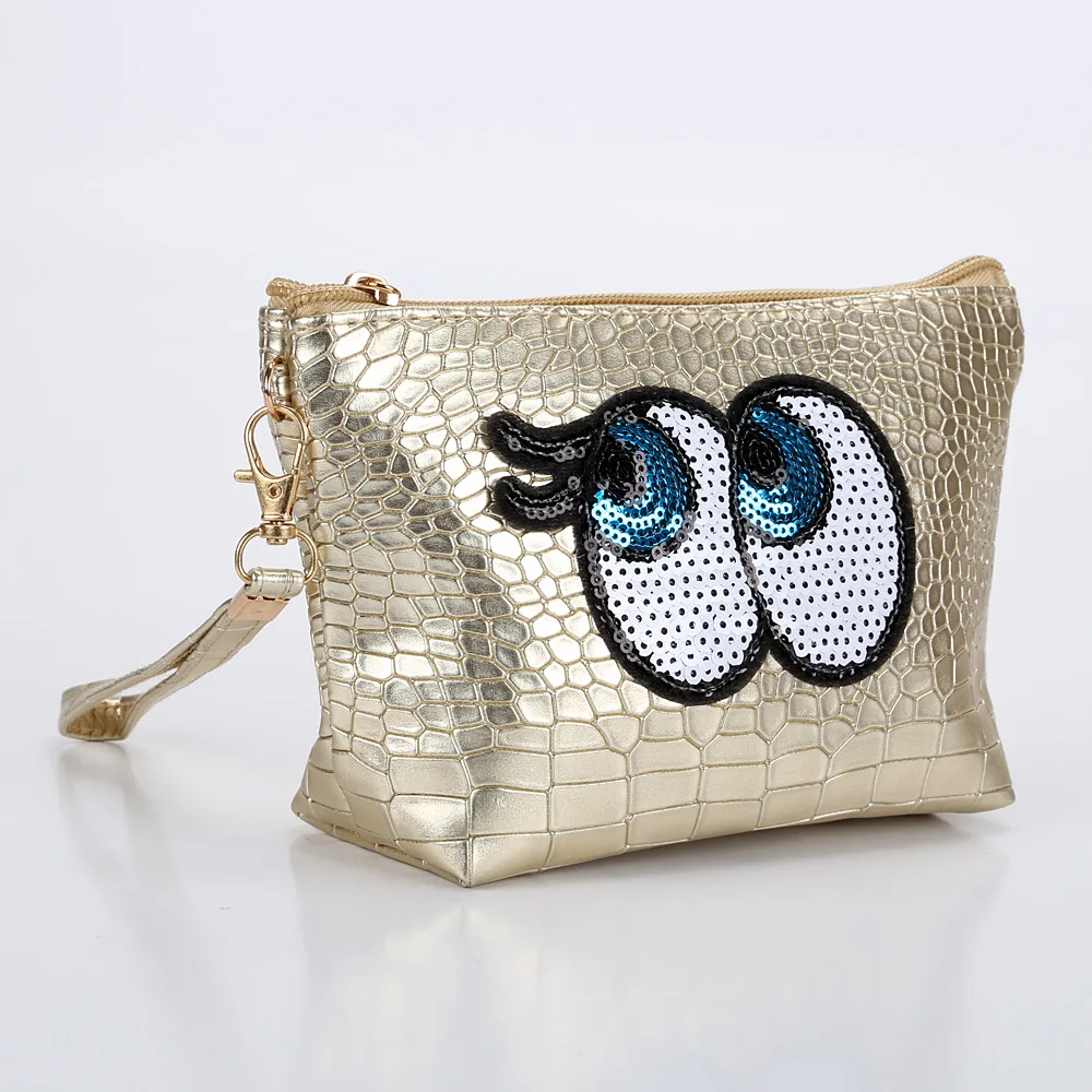 

European and American cartoon eyes makeup bag Beauty makeup ladies lipstick PU handbag fashion crocodile print zero wallet, Available in 8 colors with color card