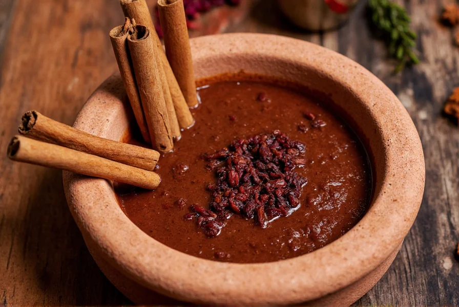 Traditional Mexican mole sauce preparation showing cinnamon sticks and dried chilies in clay molcajete