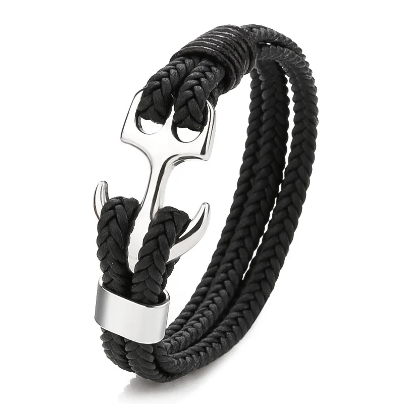 

Retro stainless steel men's bracelet multilayer leather super fiber woven titanium steel anchor Magnetic Bracelet