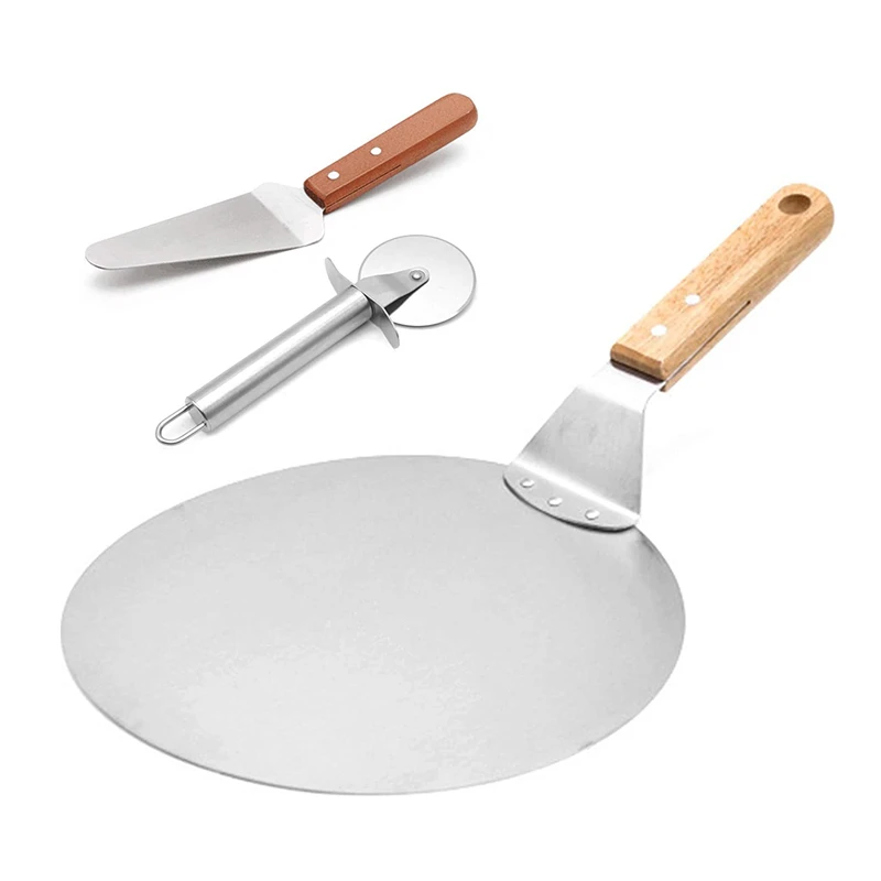 

Pack of 3 Stainless Steel Pizza Peel Set 10 Inch Round Metal Pizza Peel with Wooden Handle for Homemade Pizza Bread, As shown