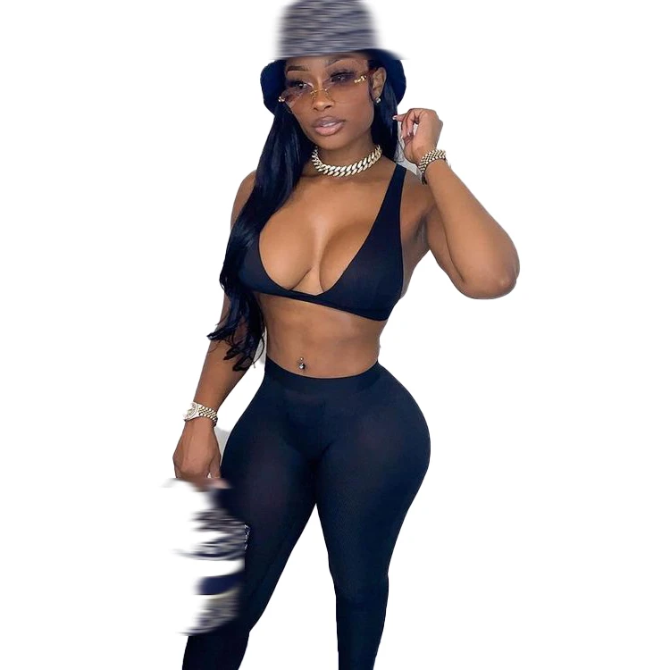 

Fashionable Solid Backless Top Two Pieces Sets For Ladies Summer Women Sexy Fashion Pants Set -ZR, Black