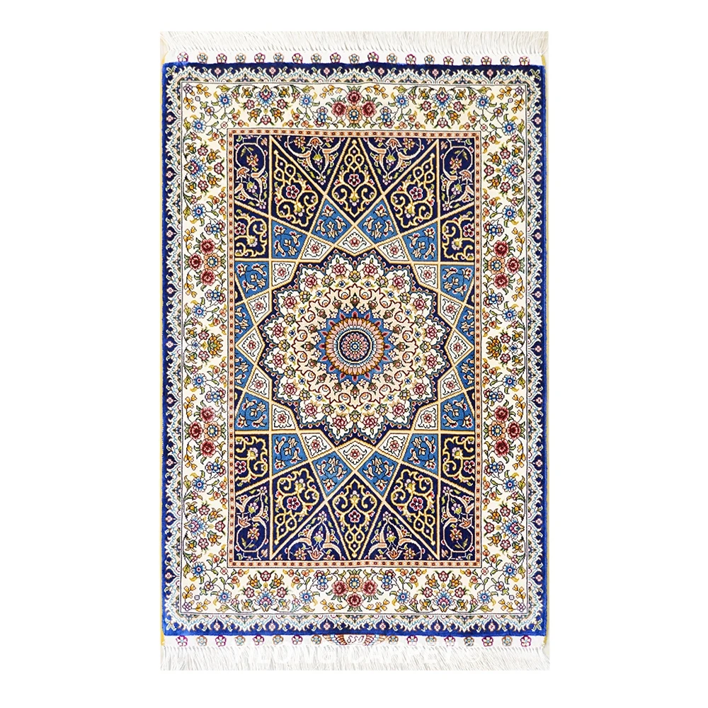 

YILONG 2'x3' Antique Silk Carpets Blue Flowers Hand Knotted Area Rug