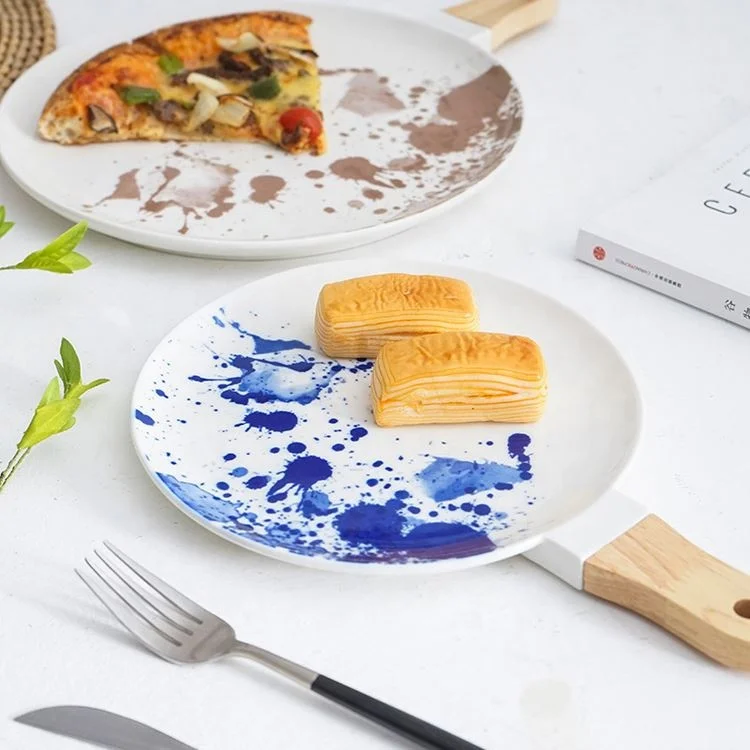 

Mfashion Hand-painted ceramic dinnerware steak salad cake dessert plate with wooden handle, As picture shown