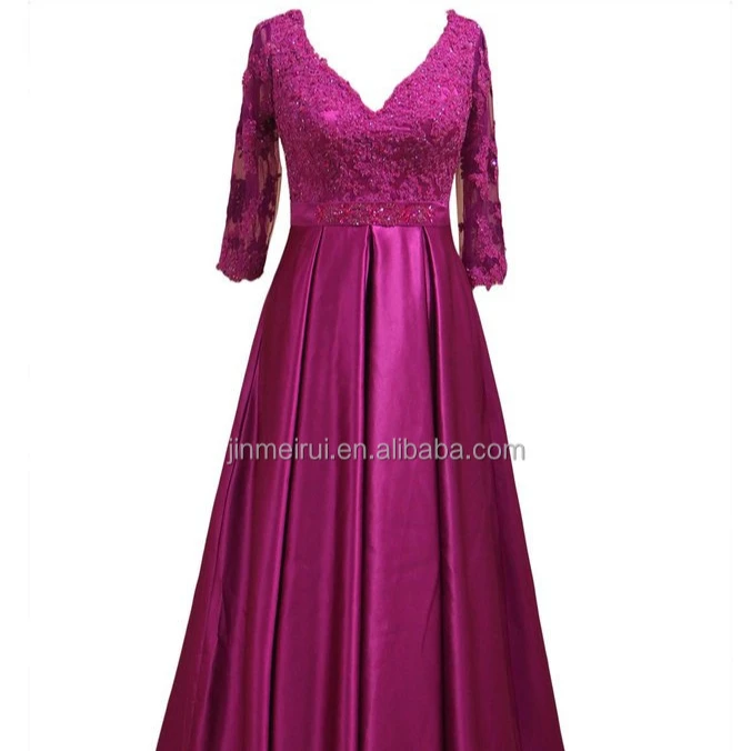 

Long Mother of Bride Dresses 2021 High Quality A-line V-neck Half Sleeves Formal Party Gowns for Mother Appliqued Beaded Dresses, Plum