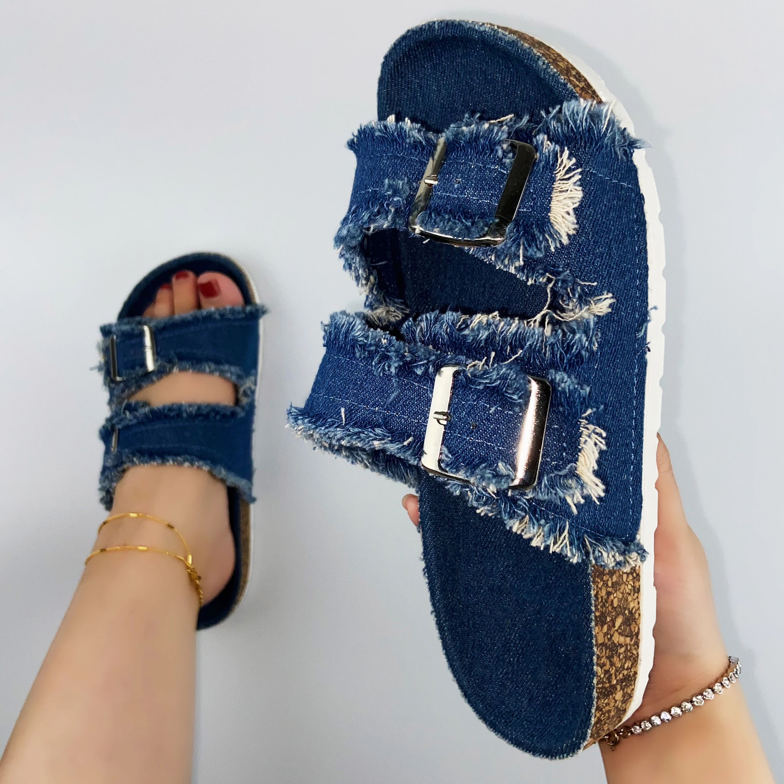 

New Design Slippers for Women Fashion Jean Denim Tassel Cork Sole Sandals Summer Sandals Slippers Ladies Shoes Slippers Slides