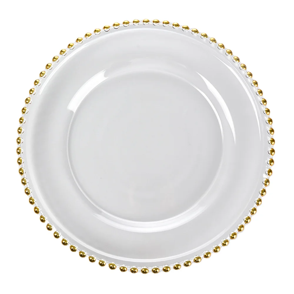 

Golden Beads Decorative Dinner Plates European Modern Transparent Glass Steak Pasta Plate Serving Tray Home Kitchen Tableware, Gold/sliver