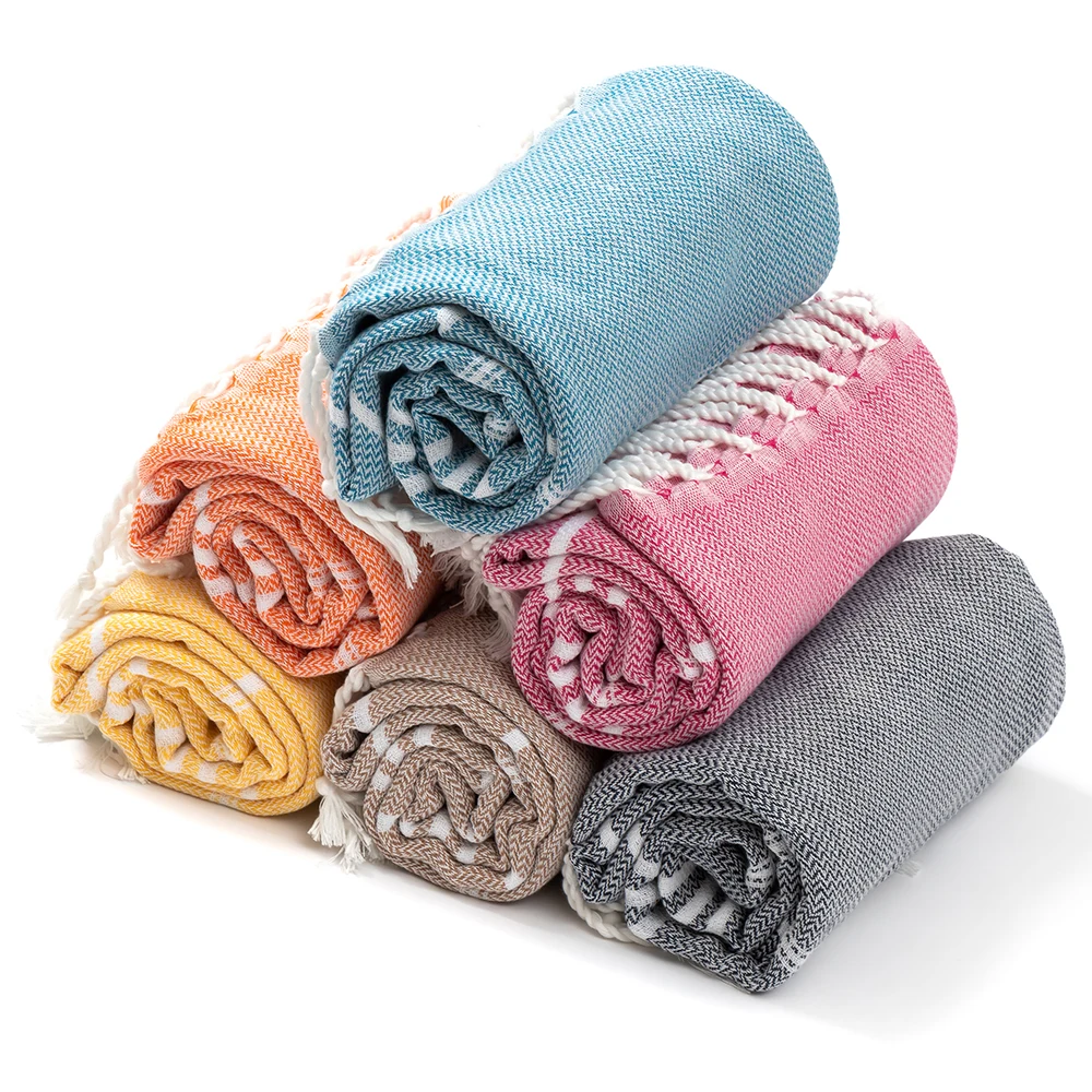 Large Custom Stripe Printed Oversized Turkish Cotton Blend Beach Towel with Tassels for Beach Goers