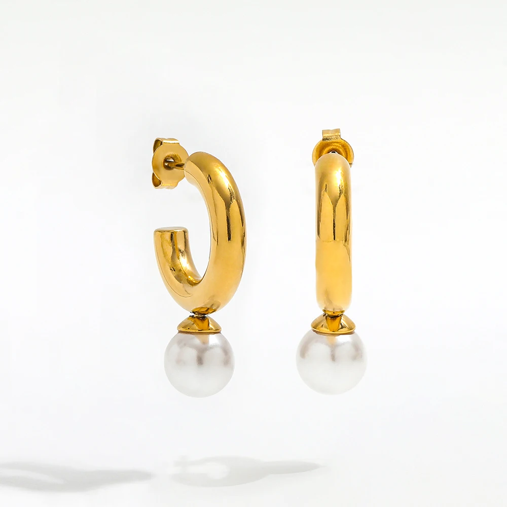 Joolim High End 18K Gold Plated Single Imitation Pearl Mini C Hoop Earrings Stainless Steel Jewelry for Women Wholesale