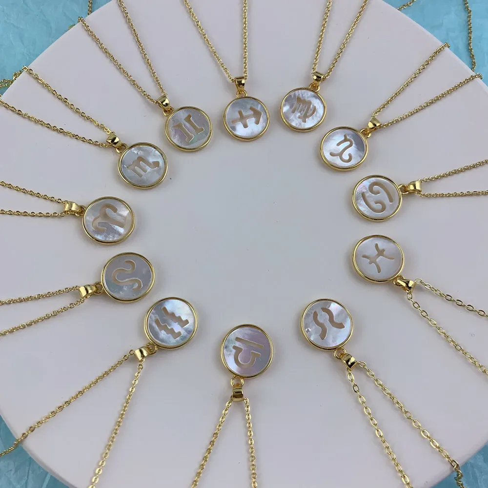 

Round 12 Zodiac Constellation Pendant Charms Necklace Natural Mother Of Pearl Shell Jewelry New Gold Color, Picture shows